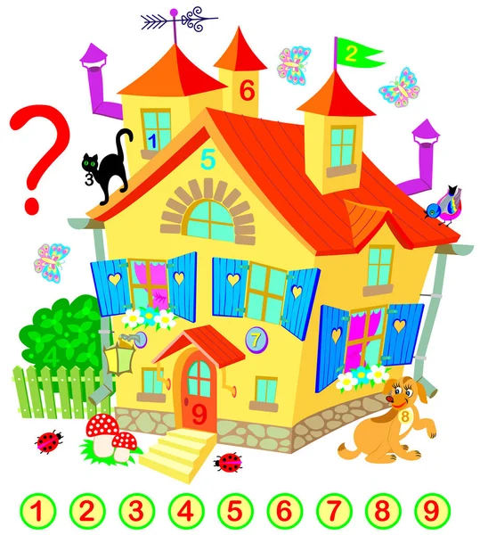 Träning för små barn. Behöver du hitta nummer gömd i fairy hus. Logik pusselspel. Kompetensutveckling för inventering. — Stock vektor