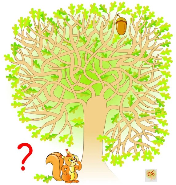 Logik-Puzzle mit Labyrinth für Kinder und Erwachsene. Hilf dem Eichhörnchen, den Weg zur Eichel zu finden. — Stockvektor