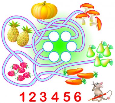 Mantığı egzersiz genç çocuklar için. Her ürünün miktarını saymak ve karşılık gelen sayıların çevrelerde yazmak gerekir.