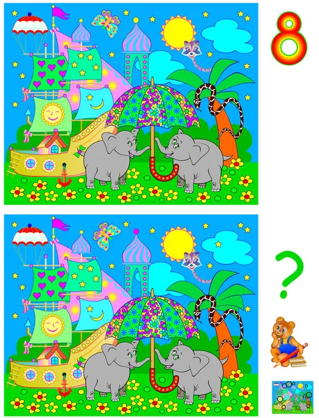 Logic puzzle game for young children. Need to find 8 differences. Developing skills for counting. — Stock Vector