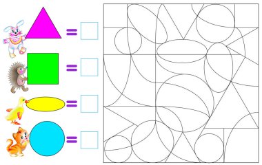 Genç çocuklar için egzersiz. Geometrik figürler karşılık gelen renk boya, miktarı saymak ve sayıları yazmak gerekir.