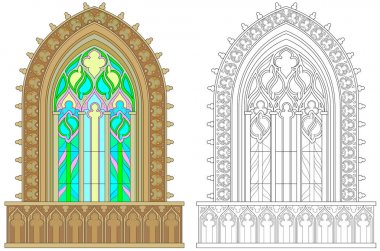 Renkli ve siyah-beyaz desen boyama. Fantezi Gotik vitray pencere. Çocuklar ve yetişkinler için çalışma sayfası.