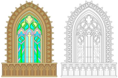 Colorful and black and white pattern for coloring. Fantasy Gothic stained glass window. Worksheet for children and adults. clipart