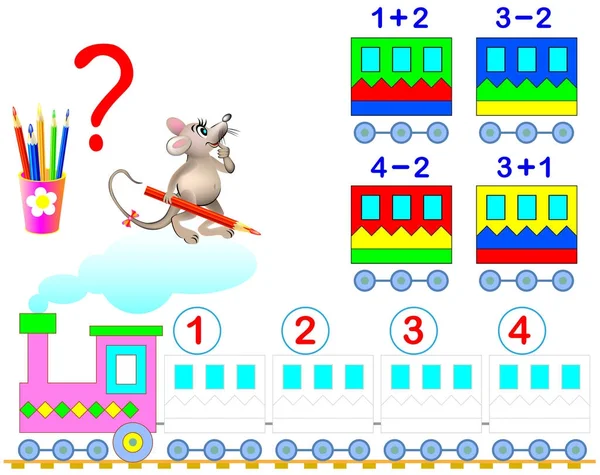 Matematický list pro malé děti na sčítání a odčítání. Třeba řešit příklady a namalovat vagóny vlaku v příslušných barvách. Rozvoj dovedností pro počítání. — Stockový vektor