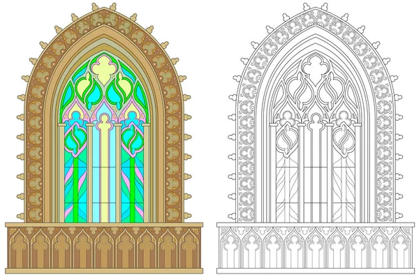 Barevné a černé a bílé vzor pro barvení. Okno gotické vitráže fantazie. List pro děti i dospělé. — Stockový vektor