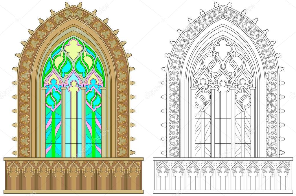 Colorful and black and white pattern for coloring. Fantasy Gothic stained glass window. Worksheet for children and adults.