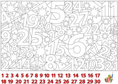 Mantık bulmaca oyunu. Resimdeki gizli sayıları bul ve onları boya. Çocuklar ve yetişkinler için çalışma sayfası sayfası. Vektör görüntü.