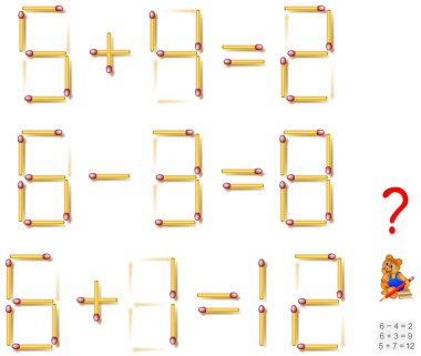 Mantık bulmaca oyunu. Her görevde denklemleri doğru yapmak için bir kibrit çöpü taşıyın. Vektör görüntü.