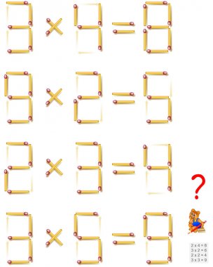 Mantık bulmaca. Her görevde denklemleri doğru yapmak için bir kibrit çöpü taşıyın. Vektör görüntü.