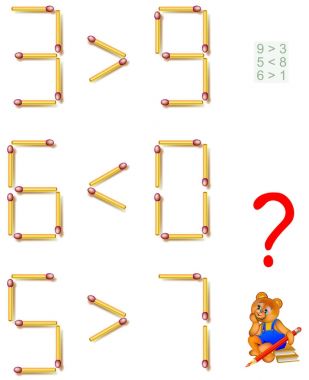 Çocuklar ve yetişkinler için oyun bulmaca mantık. Her görevde eşitsizlikler doğru yapmak için bir kibrit çöpü taşıyın. Vektör görüntü.