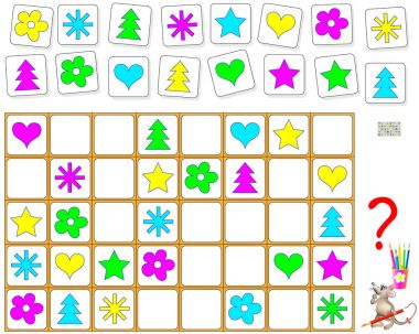 Mantık bulmaca oyunu. Eksik nesneleri düzenlilik saygı boş yerlerde çizin. Çocuklar ve yetişkinler için çalışma sayfası. Vektör görüntü.