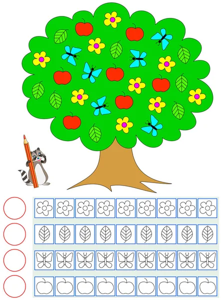 Упражнения Маленьких Детей Нужно Посчитать Объекты Дереве Нарисовать Соответствующее Количество — стоковый вектор