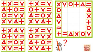 Mantık bulmaca oyunu. Doğru deseni bulun ve tüm satırları ve tüm sütunları farklı işaretleri olması bu yüzden çizin. Çocuklar ve yetişkinler için çalışma sayfası. Vektör görüntü.