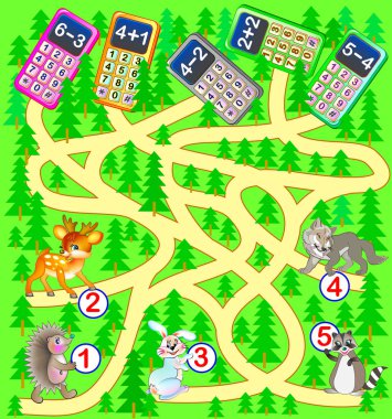 Toplama ve çıkarma çocuklar için egzersizleri ile eğitim sayfası. Cep telefonları ormanda kaybettim bulmak hayvanlara yardım. Örnekler çözmek ve yol çizin. Vektör görüntü.