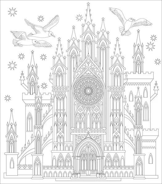 Fairyland Medieval Gothic Castle Black White Page Coloring Worksheet Children — Stock Vector