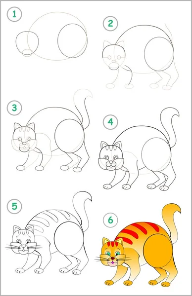 ページは ステップバイ ステップで立っている猫を描くことを学ぶ方法を示します 描画と着色の子供たちの能力を開発します ベクトル画像 — ストックベクタ