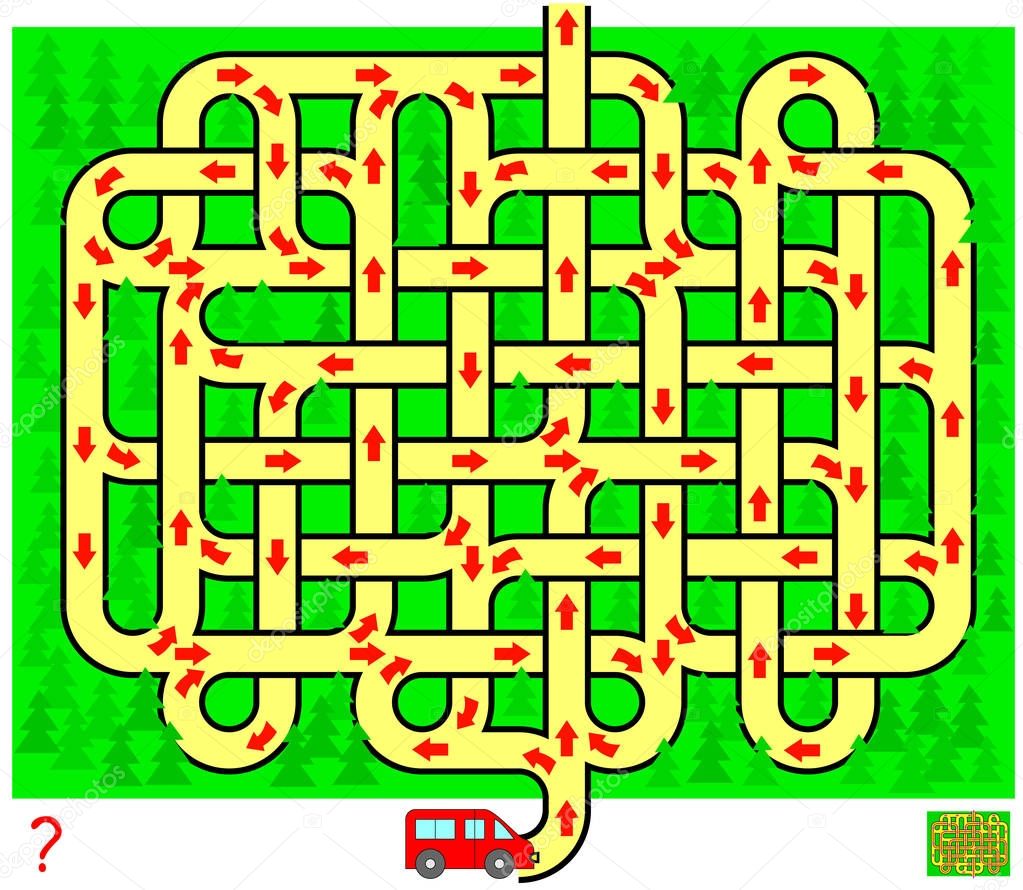 Logic puzzle game with labyrinth for children and adults. Help the car get out of the forest. Find the way from start till end. Vector image.