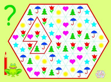 Logic puzzle game. Need to draw the lines so that every figure will have six different objects. Vector cartoon image. clipart
