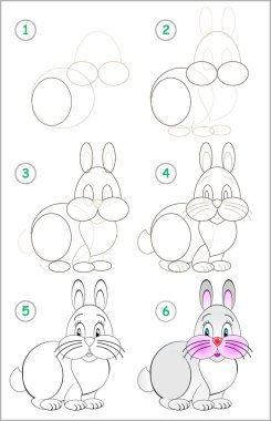 Page shows how to learn step by step to draw a funny rabbit. Developing children skills for drawing and coloring. Vector image. clipart