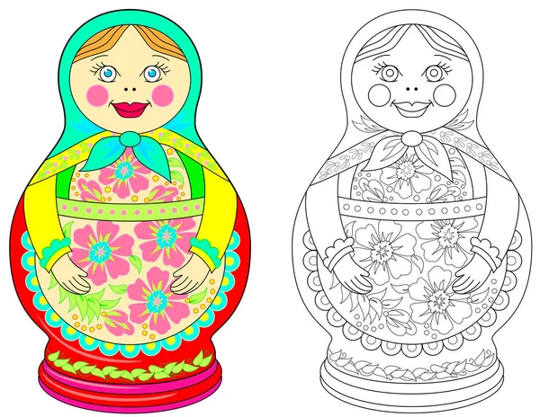 Renkli Siyah Beyaz Desen Boyama Russian Doll Illustration Çocuklar Yetişkinler — Stok Vektör