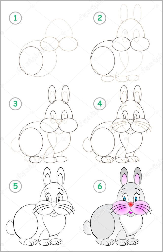 Page shows how to learn step by step to draw a funny rabbit. Developing children skills for drawing and coloring. Vector image.