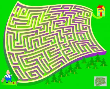 Çocuklar ve yetişkinler için labirent ile mantık bulmaca oyunu. Otel kadar baştan yolunu bul. Vektör görüntü.