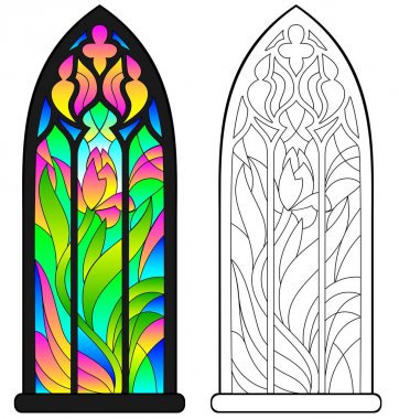 Colorful and black and white pattern of Gothic stained glass window. Worksheet for children and adults. Vector image. clipart