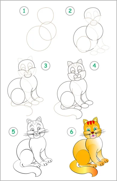 ページは 座って赤猫を描くステップごとに学ぶ方法を示しています 描画と着色の子供たちの能力を開発します ベクトル画像 — ストックベクタ