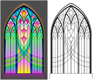 Gothic vitray pencere renkli ve siyah-beyaz desen. Çocuklar ve yetişkinler için çalışma sayfası. Vektör görüntü.