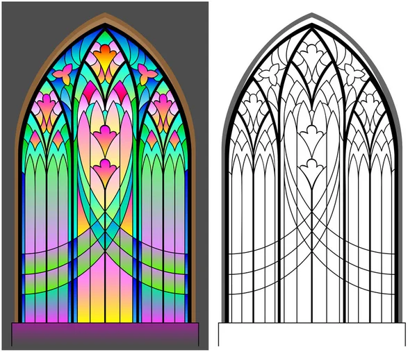 Colorful and black and white pattern of Gothic stained glass window. Worksheet for children and adults. Vector image.