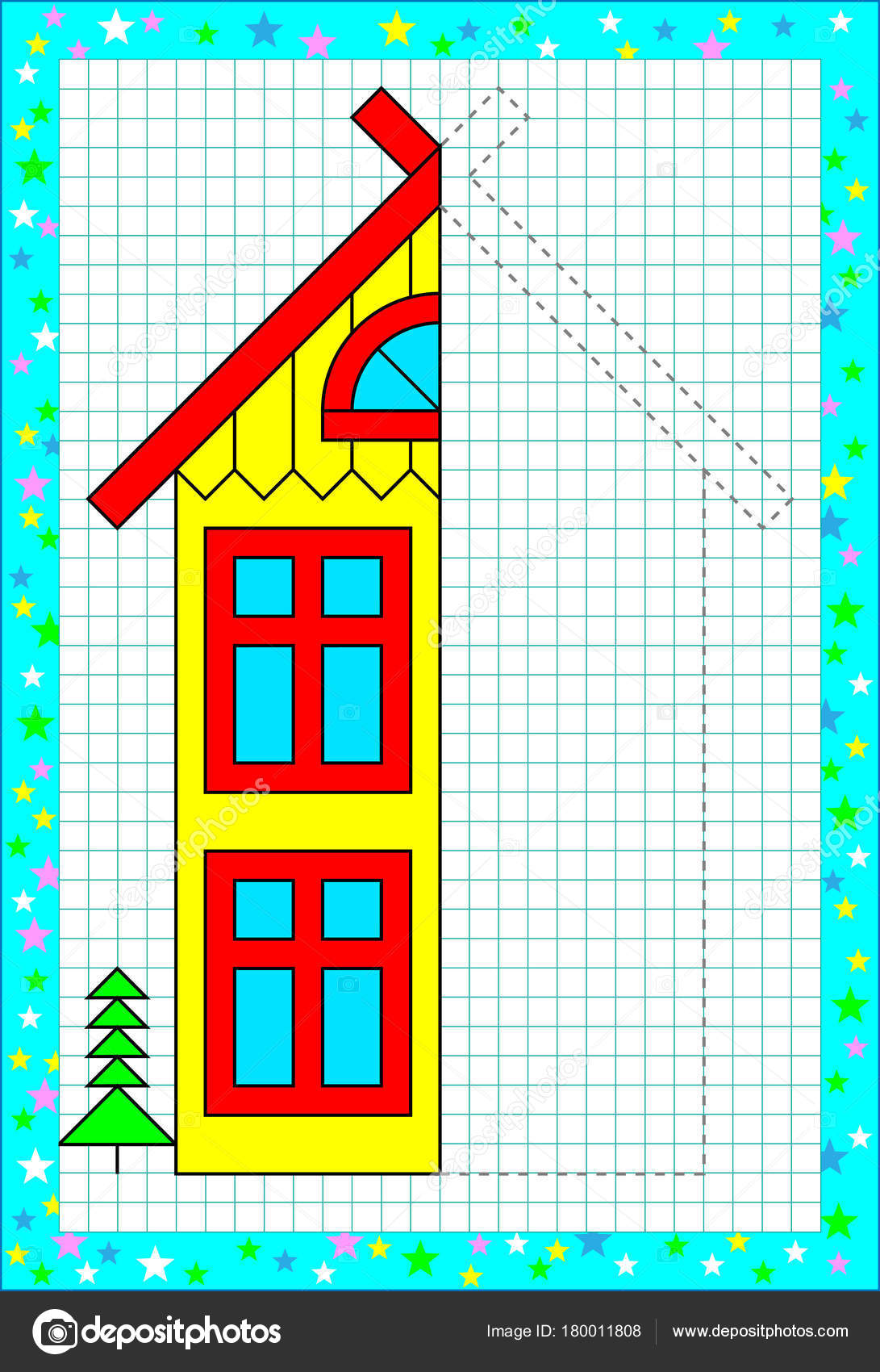 Pagina educativo per i bambini su una carta quadrato Bisogno di disegnare la seconda parte della casa considerando la simmetria Immagine di vettore