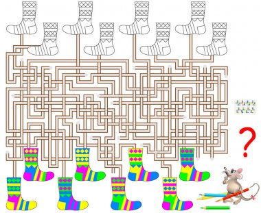 Çocuklar ve yetişkinler için labirent ile mantık bulmaca oyunu. Bir çift her çorap ve boya için karşılık gelen renklerde bul. Vektör görüntü.