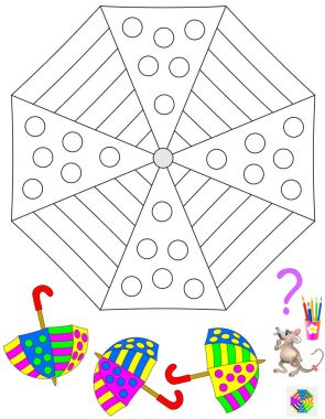 Çocuklar ve yetişkinler için oyun bulmaca mantık. Karşılık gelen renk desen boya gerekir. Tüm şemsiye aynı süsleme var. Vektör çizgi film resim.