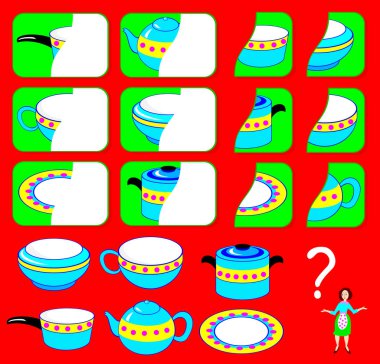 Çocuklar için mantığı egzersiz. İkinci parça yemekleri bulmak ve bunları ilgili yerlerde çizmek gerekir. Vektör görüntü.