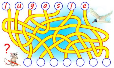 Mantık bulmaca için çalışma İngilizce oyun. Mektuplar için doğru yer bulmak, bunları ilgili çevrelerde yazmak ve kelime okumak gerekir. Vektör çizgi film resim.