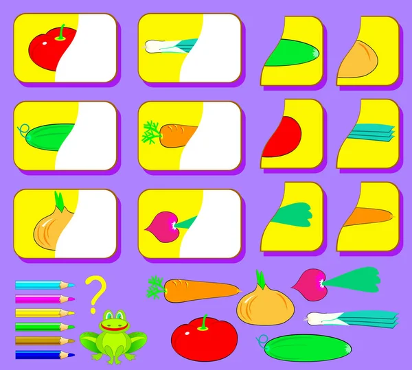 儿童的逻辑练习 需要找到蔬菜的第二部分 并把它们画在相关的地方 矢量图像 — 图库矢量图片