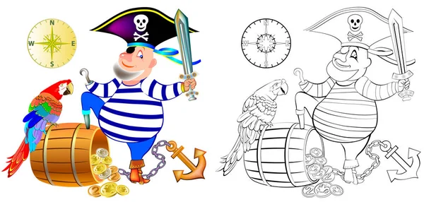 Patrón Colorido Blanco Negro Para Colorear Ilustración Pirata Divertido Con — Vector de stock