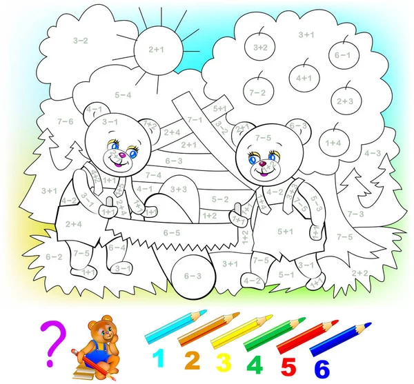 加法和减法的幼儿数学工作表 需要解决的例子和油漆的图片在相关的颜色 发展计算技能 矢量图像 — 图库矢量图片