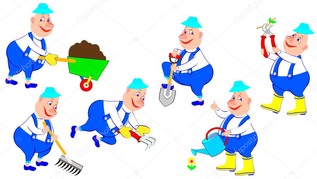 Set of funny workers with different garden tools. Vector cartoon image.