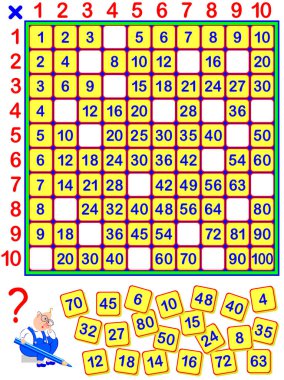 Çocuklar için eğitim sayfası. Bazı sayılar çarpma tablo dışına düşmüş. Onları içinde doğru yerlerde yazmak. Vektör görüntü.