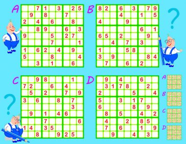 Mantık Sudoku oyunu. Bulmacalar kümesi. Çocuklar ve yetişkinler için çalışma sayfası. Vektör görüntü.