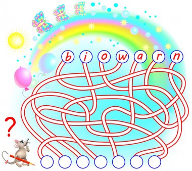 Mantık bulmaca için çalışma İngilizce oyun. Mektuplar için doğru yer bulmak, bunları ilgili çevrelerde yazmak ve kelime okumak gerekir. Vektör çizgi film resim.