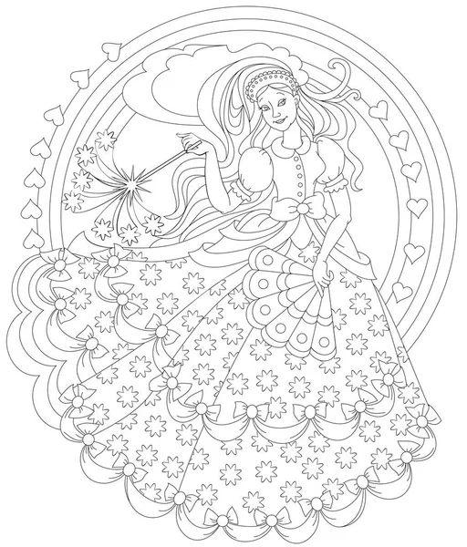 Página Blanco Negro Para Colorear Dibujo Fantasía Hada Hermosa Sosteniendo — Vector de stock