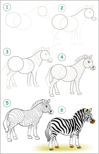 页面显示如何逐步学习画一个可爱的斑马 培养儿童绘画和着色技能 矢量图像 — 图库矢量图片