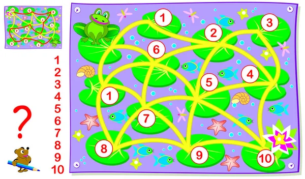 ロジック パズルの迷宮の若い子供のためのゲーム 数字を に接続するカエルのパスを描画します カウントのためのスキルを開発します ベクトル画像 — ストックベクタ
