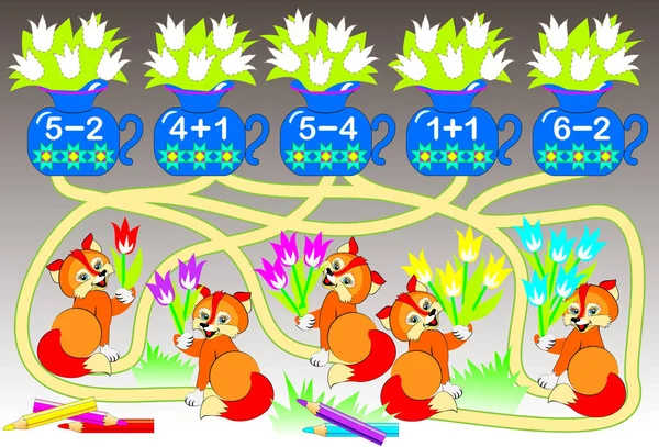 工作表 用于儿童的加法和减法练习 解决例子和颜色的相应数量的花朵 画从花束到花瓶的路径 矢量图像 — 图库矢量图片