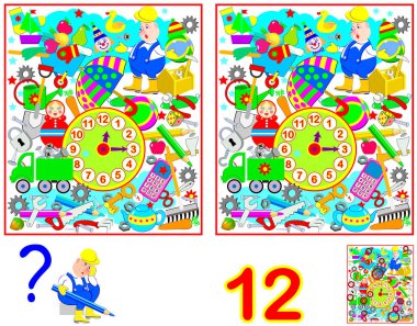 Çocuklar ve yetişkinler için oyun bulmaca mantık. 12 farkları bulmanız gerekir. Sayım için becerilerini geliştirmek. Vektör çizgi film resim.