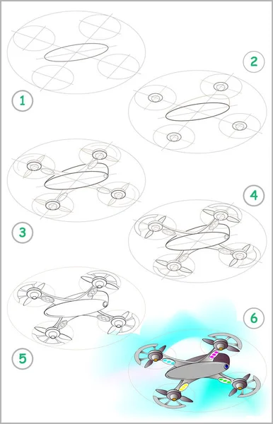 ページは 一歩一歩 ドローンを描画することを学ぶ方法を示します 描画と着色の子供たちの能力を開発します ベクトル画像 — ストックベクタ