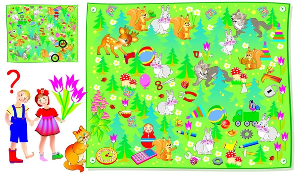 儿童逻辑益智游戏 孩子们在森林里丢了鞋子 需要帮助他们找到第二对 矢量卡通图像 — 图库矢量图片