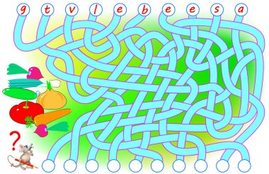 Mantık bulmaca için çalışma İngilizce oyun. Mektuplar için doğru yer bulmak, bunları ilgili çevrelerde yazmak ve kelime okumak gerekir. Vektör çizgi film resim.